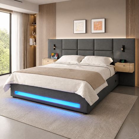 Cama tapizada con almacenamiento 180x200x105 cm, cabecero con cajones, luz LED, USB-C, terciopelo gris oscuro (1/5)