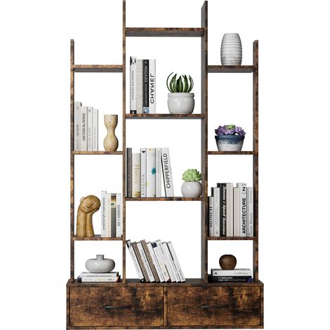 Bibliothèque étagère autoportante avec 2 tiroirs, 12 niches ouvertes, style industriel en arbre, meuble de rangement pour salon, chambre ou bureau, bois et métal CHICFURN (1/5)