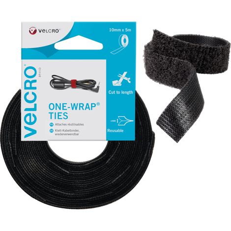Velcro VEL-EC60253 Cravatte riutilizzabili di marca One-Wrap, 10 mm x 5 m, colore nero, 10mm x 5m
