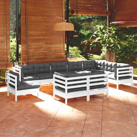 vidaXL Set Divani da Giardino 10 pz con Cuscini Bianchi Legno di Pino (1/5)