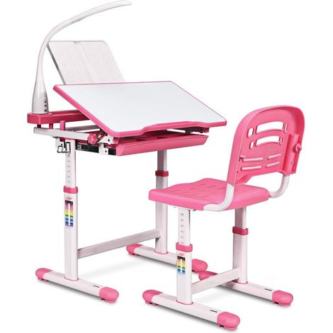COSTWAY Escritorio para Niños con Lámpara Silla Mesa de Dibujar Lectura para Infantil Ángulo y Altura Ajustable Rosa (1/5)