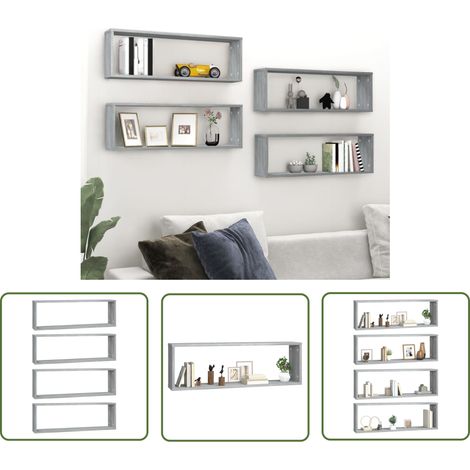 The Living Store Étagères murales cubiques 4 pcs Sonoma gris 80x15x26,5 cm - Étagères Murales - Étagères Cubes - Décoration Murale - Rangement Mural - Bibliothèque Murale (1/5)