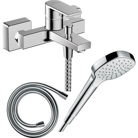 HANSGROHE Pack mezclador mecánico de baño-ducha Vernis Shape C2 + flexo Isiflex + rociador Croma Select E EcoSmart blanco/cromo