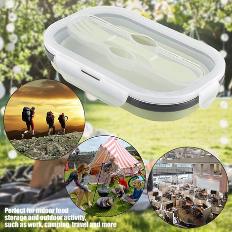 Zusammenfaltbare Lunchbox aus lebensmittelechtem Silikon, tragbarer rechteckiger Aufbewahrungsbehälter, grün, kompakte Größe für Mahlzeiten unterwegs. (1/5)