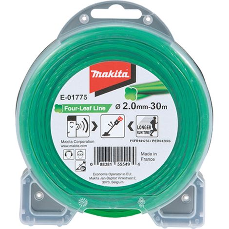 Makita – Fil nylon Trèfle torsadé 2 mm x 30 m – Accessoire pour coupe-bordure – Économie d'énergie jusqu'à 20 % – E01775