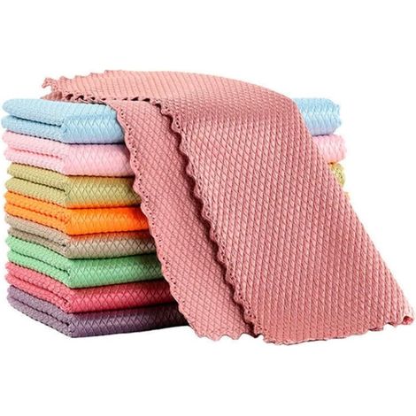 Set mit 10 fusselfreien Mikrofasertüchern zum Reinigen und Polieren mit Schuppenmuster, einfache und streifenfreie Reinigung, hohe Saugfähigkeit für Küche und Haushalt (Farbe zufällig) (2525 cm)