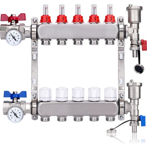 Kit Collecteur Radiateur, 5 Circuits Distributeur Chauffage, avec Thermomètreavec, Vannes à Boisseau Sphérique 1", avec Purgeur Manuel et Débitmètre, Raccords pour Eurocône 3/4, Distributeur HKV