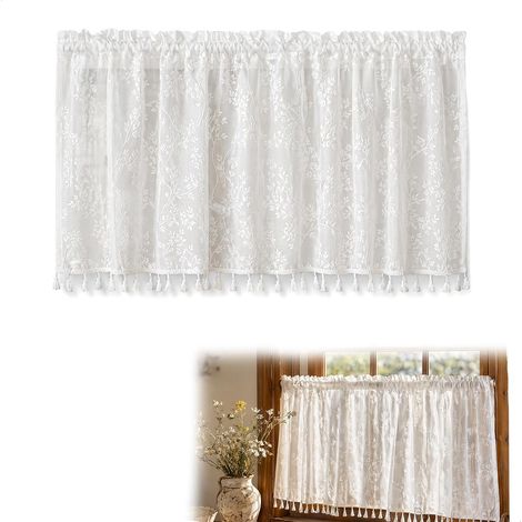 CCYKXARideaux Cuisine, Voilage Cuisine, Rideaux Brise-Bise avec Glands, Petit Rideau Fenetre Motif de Dentelle Feuillagée pour Evier Placard,140x60cm, Blanc (1/5)