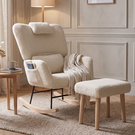 Rocking chair, fauteuil à bascule avec tabouret, fauteuil de relaxation avec dossier haut et poche latérale, tissu bouclette, Beige (1/5)