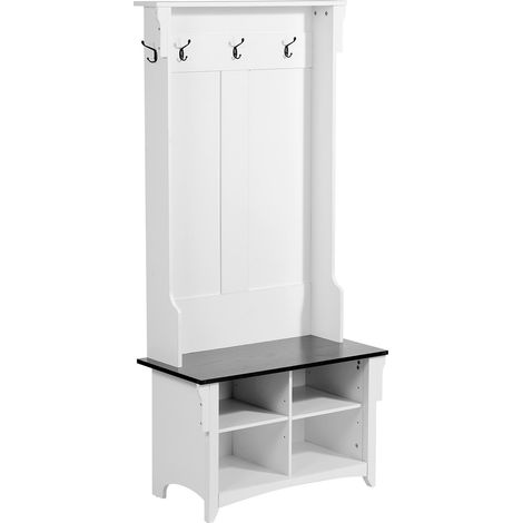 Porte-Manteau en Bois, Meuble d’Entrée avec Banc et Rangement pour Chaussures, Support Manteau sur Pied, Vestiaire avec Étagères Réglables, 5 Crochets et Bande Lumineuse USB, pour Couloir (1/5)