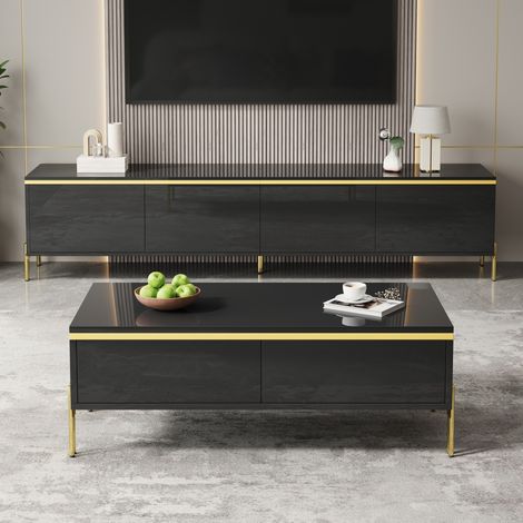 Meuble TV de luxe moderne et ensemble de table basse,surface très brillante de couleur unie,bords dorés,espace de rangement généreux-Go (1/5)