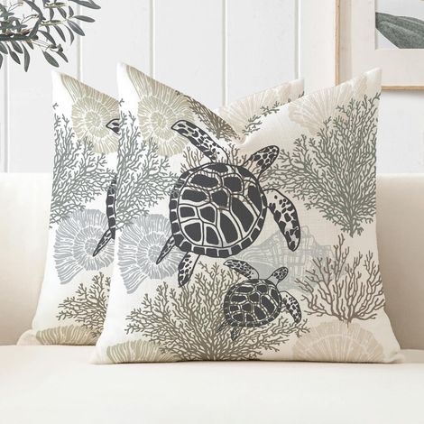 Housse de Coussin 50 x 50 Taie d'oreiller Lot de 2 Tortue Hippocampe Housse Coussin en Polyester Exterieur Impermeable Coussin Decoratif Canape Carre pour Patio Lit Voiture (Beige) (1/5)