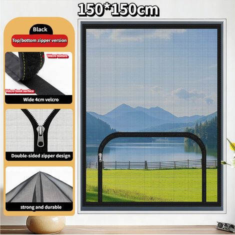 Moustiquaire de fenêtre anti-moustique auto-adhésive Velcro, bouclier pour chat, fil d'acier inoxydable, avec ouverture à glissière, noir,150150cm (1/5)