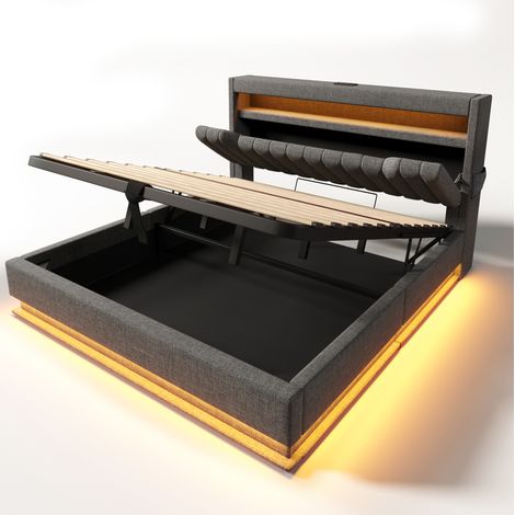 Cama doble 180x200 cm con cabecero con almacenaje, LED, USB y Type-C, gris (1/5)