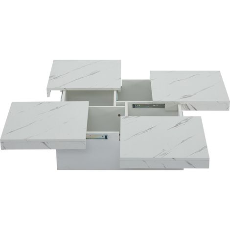 Mesa de centro cuadrada blanca con efecto mármol 90 x 90 x 25 cm, 4 cajones, tapa deslizante, HOMVRA (1/5)