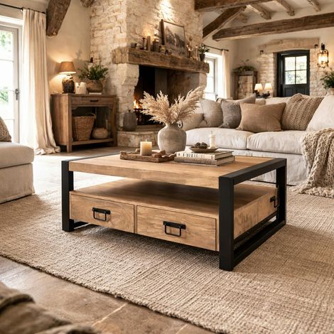 Table basse double plateau bois métal 4 tiroirs MILORA (1/5)