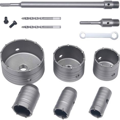 Hole Saw Drill Bit, Hole Saw Set, 10 PCS SDS Concrete Drill Bit Extension Rod Tungsten Carbide Tip - Ø35mm, 40mm, 50mm, 65mm, 80mm and 110mm, High Quality