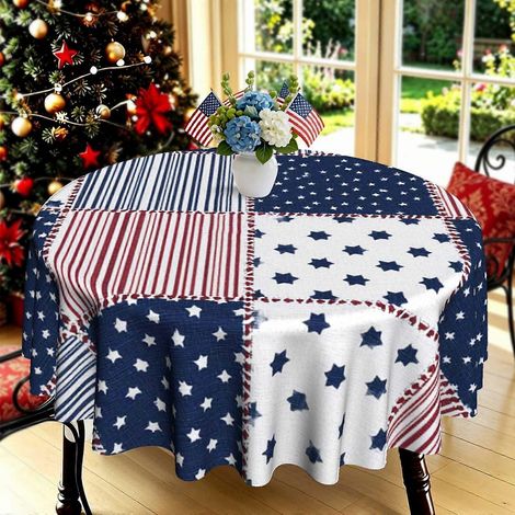 Nappe ronde imprimée 2D à motif patchwork étoiles bleues et rayures rouges (1 pièce) Décoration idéale pour barbecue, dîner en extérieur ou en intérieur/cuisine. (1/4)