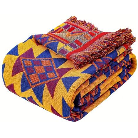 Couverture Réversible Bohème – Jacquard Doux avec Franges, Motif Géométrique Aztèque