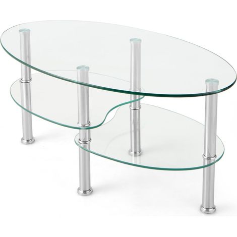 Mesa de centro ovalada 89 x 49,5 x 45 cm con 3 estantes de almacenaje estilo moderno en cristal templado transparente 200021092