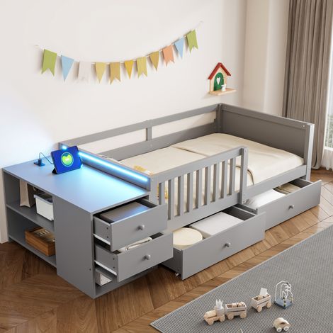 Lit enfant avec bureau 90x200 cm, rangement indépendant, 2 tiroirs, étagères, prise électrique, LED, barrière semi-ouverte - Gris (1/5)