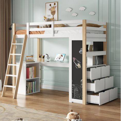 Cama alta infantil de madera maciza y MDF blanco y natural 90x200 cm con escritorio, estantes y almacenaje (1/5)