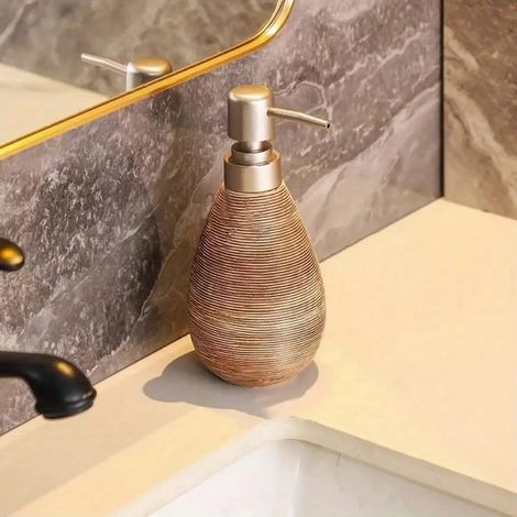 Distributeur de savon à poussoir style rétro créatif (brun court) avec pompe, flacon de savon pour les mains conique en céramique, 1 pièce (1/5)