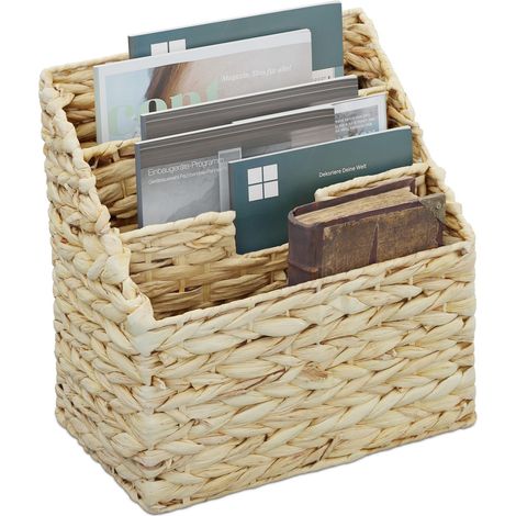 porte-revues, H x L x P : 34 x 34 x 20 cm, porte-magazines à 3 fentes, panier à journaux, naturel (1/5)