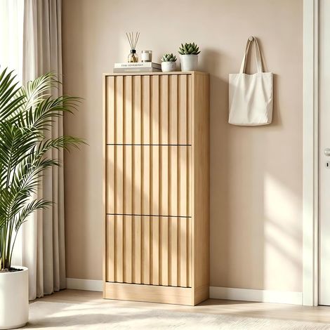 UEV Armoire à Chaussures avec 3 Abattants, Meuble à Chaussures Inclinable, Étagère Réglables et Amovibles, Motif en Ligne, pour Entrée, Couloir, Salon, 60 x 24 x 122 cm, Naturel