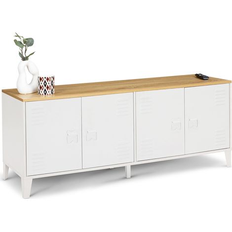 Idmarket – Buffet bas 140 cm 4 portes métal blanc – Plateau bois façon hêtre – Style industriel – Dimensions L. 140 x l. 40 x H. 52 cm