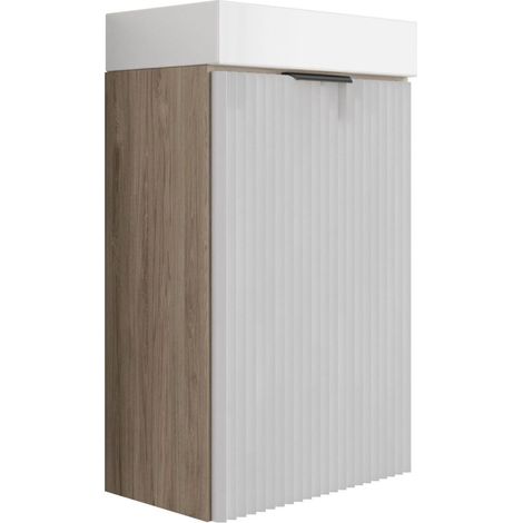 Mobile da bagno con frontale scanalato 40 cm con lavabo, noce scuro (MDF), con frontali bianchi, con maniglia nera, 40,5 × 22,5 × 57 cm (1/5)