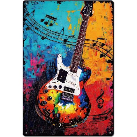 Plaque Metal Vintage Rétro Coloré de Guitare avec Notes de Musique Plaque Murale Decorative en Tôle pour Bars Cafés Salles de Musique et Maisons Panneau Decoratif Exterieur Metal (1/5)