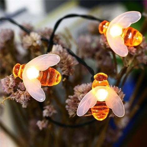 Solarbetriebene Lichterkette mit Bienenmotiv, LED-Feen- und Hummelmotiv, wasserdicht, warmweiß, 5 Meter, 20 Lichter (Doppelfunktion)