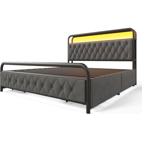 Cama de metal de 180 x 200 cm, cabecero LED multifuncional gris, carga USB tipo C integrada y 4 cajones, ideal para adolescentes y adultos (colchón no incluido). (1/5)
