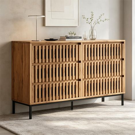 Buffet 120x40x81 cm, Meuble de Rangement avec 6 Tiroirs, Façade Cannage Vertical, MDF Effet Bois Naturel (1/5)