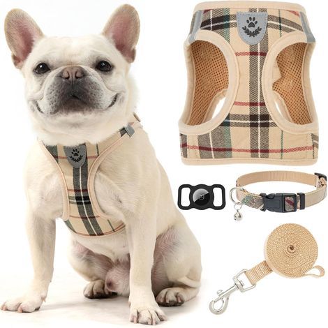 Harnais classique à carreaux pour petit chien, collier et laisse, rembourré et réglable, en maille douce, anti-traction, réfléchissant, anti-fuite, avec support AirTag, kaki, S (1/5)