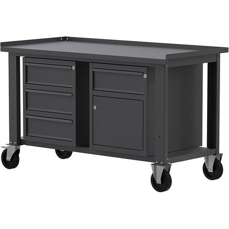 Banco lavoro con ruote SOGI X3N109AR - 1.5 m - piano in acciaio - 3 cassetti + anta e cassetto (1/4)