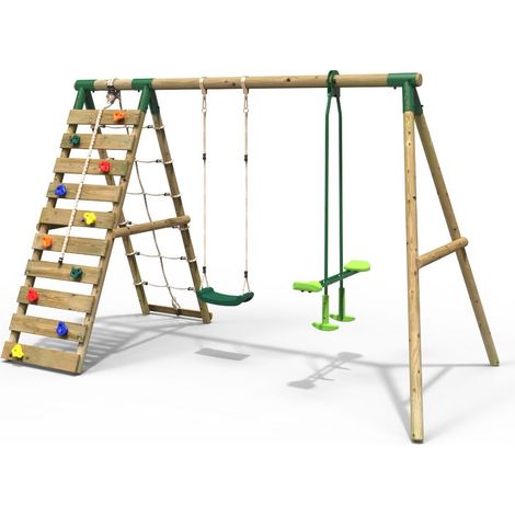 Rebo Wooden Swing Set with Up and Over Climbing Wall - Isla Green (1/5)