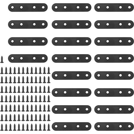 Lot de 20 équerres d'angle plates et droites de 80 mm en métal noir avec 85 vis pour meubles en bois (80 x 2 mm) (1/4)