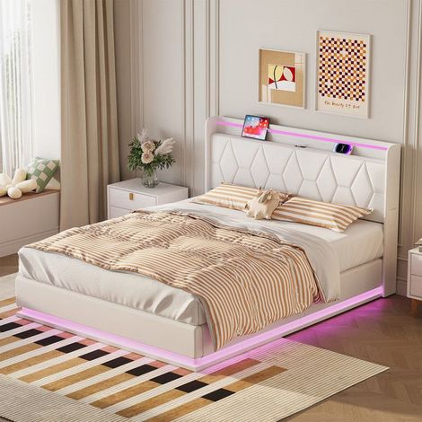 Cama con cofre doble 160x200 cm - Terciopelo Blanco - LED 3 lados - Puerto USB integrado - Somier de lamas, cofre 300kg