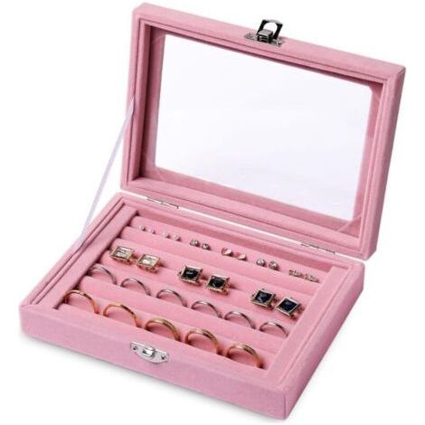 FENOPLASTICAPlateau de rangement pour bagues/boucles d'oreilles avec couvercle transparent, 7 fentes en velours pour tiroir de rangement à bijoux, vitrine de rangement(rose, 7 emplacements) (1/5)