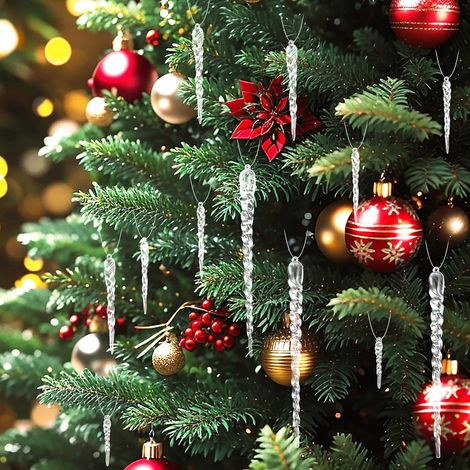 Set of 40 clear crystal icicle-shaped Christmas tree decorations with string, assorted sizes, for indoor decoration (1/5)