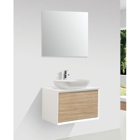 Stano. – Meuble sous vasque simple 60 cm – Blanc mat et chêne clair texturé – Tiroir Push-Open sans poignée – Installation suspendue (1/4)