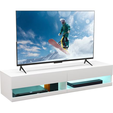 Meuble TV mural suspendu LED design moderne - armoire avec 2 portes battantes et 2 passe-câbles en bois