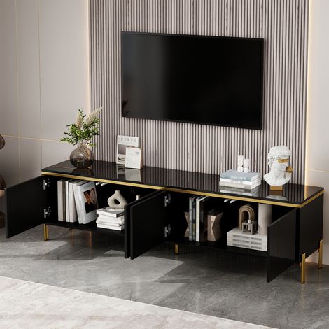 Schwarzes Hochglanz-TV-Lowboard 170 cm, 4 Türen, Kabeldurchführung, goldene Kanten, Metallfüße, 60 kg Tragkraft LINHOO (1/5)