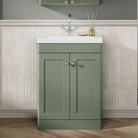 Nuie Classique Floor Standing 2-Door Vanity Unit with 1TH Contemporary Basin 600mm Wide - Satin Green (1/5)