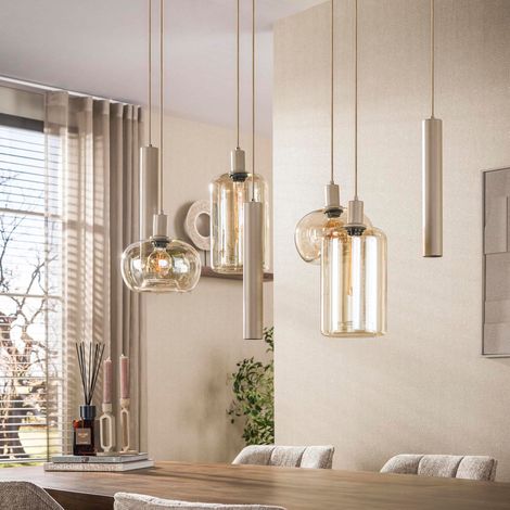 Suspension 7 lampes 110x45x150 cm en verre ambré et métal beige