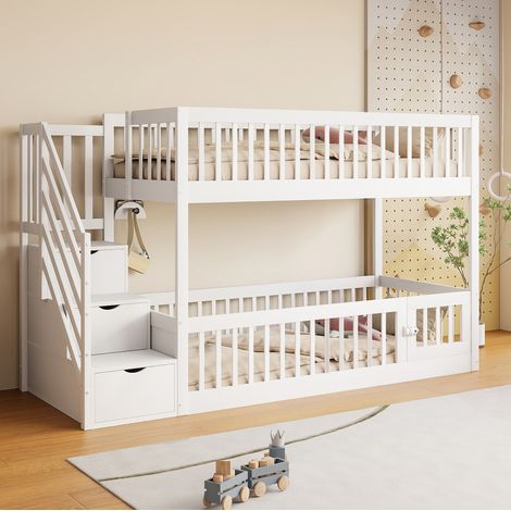Lit superpose 90/200 cm blanc en bois massif avec escalier rangement et espace jeu (1/5)