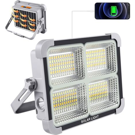Projecteur LED Rechargeable 150W Portable Lampe Led avec Panneau Solaire 5 modes d'éclairage IP65 Étanche 7200mAh Lumière de USB Travail Lanterne pour Camping, Pêche, Chantier, Garage, Atelier