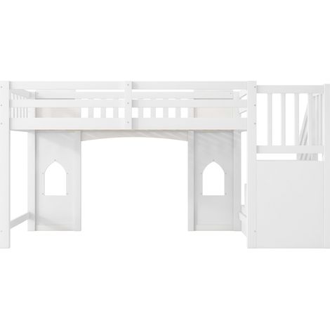Letto a soppalco 90 x 200 cm con scala contenitore e finestre in legno e MDF bianco HOMVRA (1/5)